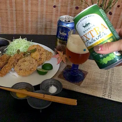 「小麦のビール缶／エクストラペールエール缶 セット」を使ってみたSnapdishの料理・レシピ写真:秋のおつまみ 蓮根とアスパラ肉巻きフライに銀河高原ビール