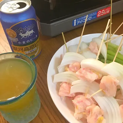 「小麦のビール缶／エクストラペールエール缶 セット」を使ってみたSnapdishの料理・レシピ写真:ぼんじり玉ねぎ。で、銀河高原ビールε-(´∀｀; )