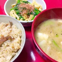 さんまご飯、豚汁、ほうれん草のおひたし|まぁさん