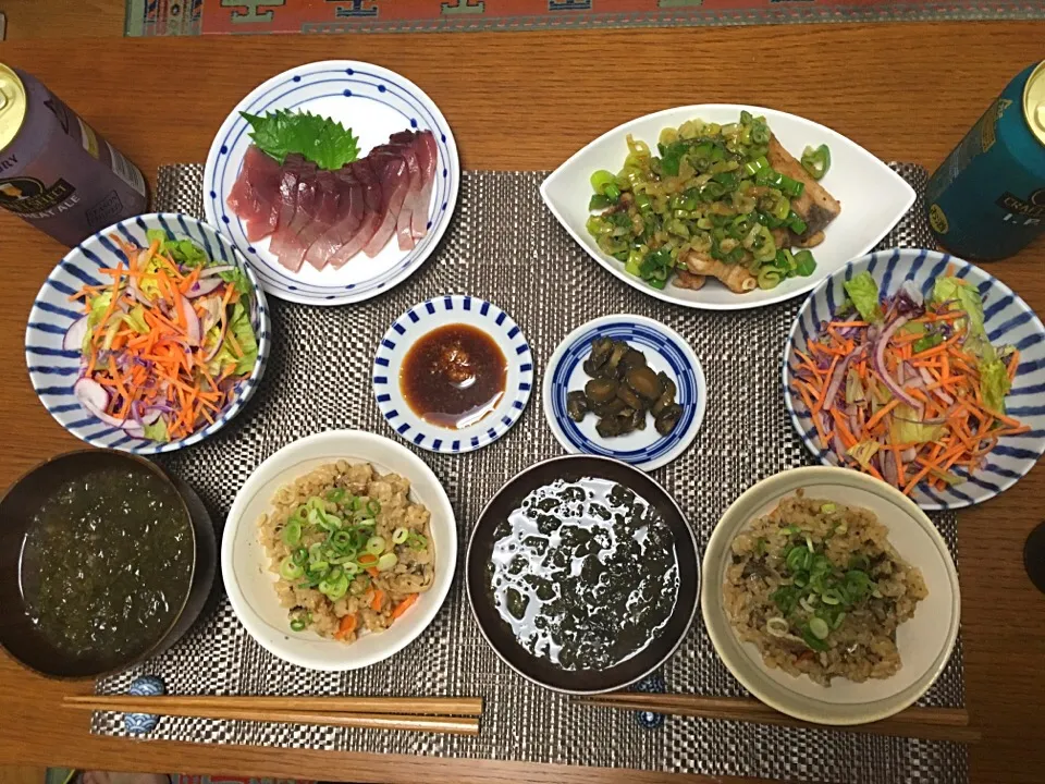 かつおさんま定食(かつおのお刺身、かつおの漬け焼きネギソース、さんまの炊き込みごはん)|hhhさん