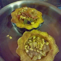 roasted peppers, tomatoes and jalapeno stuffed in acorn squash topped with goat cheese|felicia hatchewさん