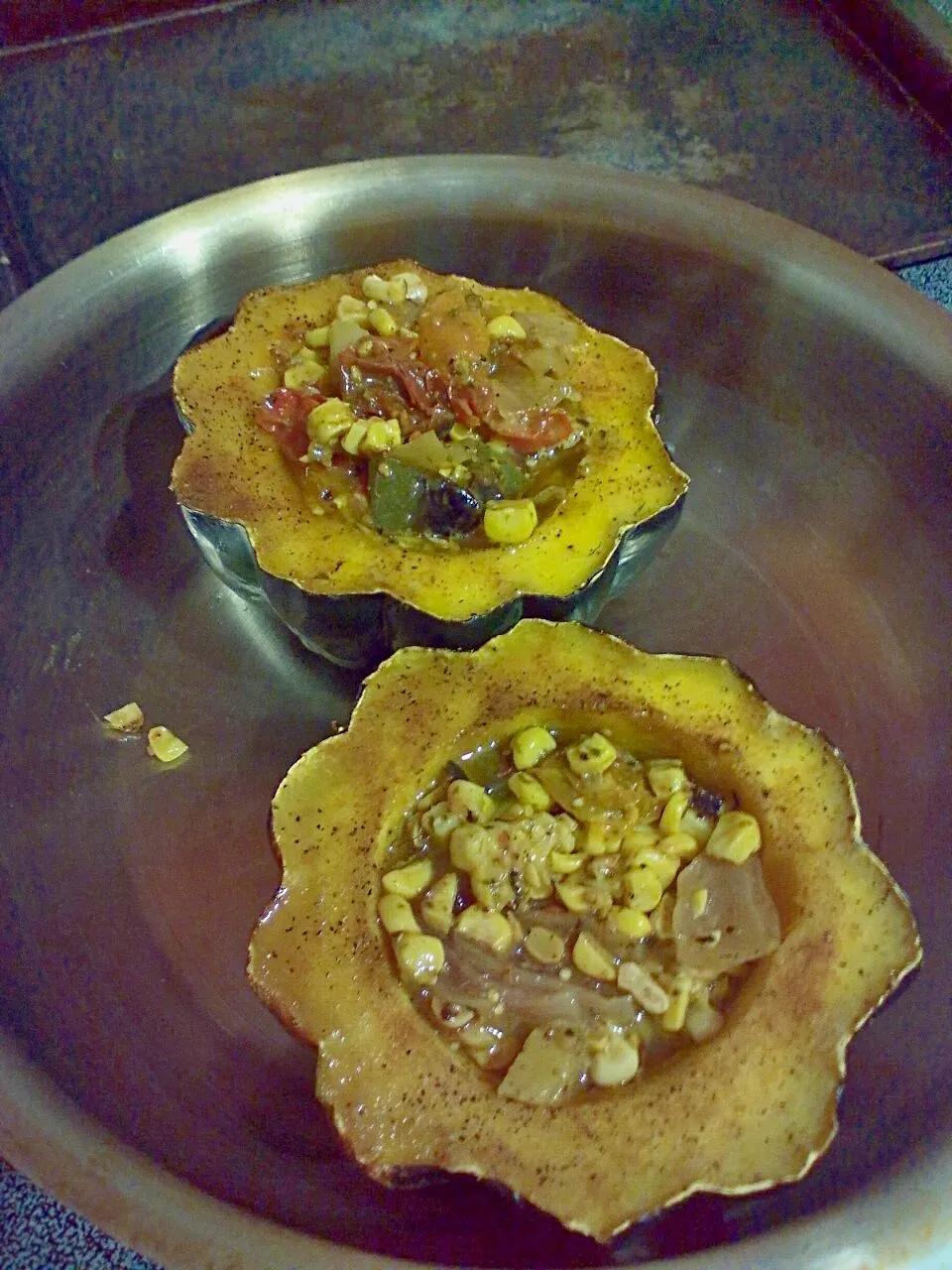 roasted peppers, tomatoes and jalapeno stuffed in acorn squash topped with goat cheese|felicia hatchewさん