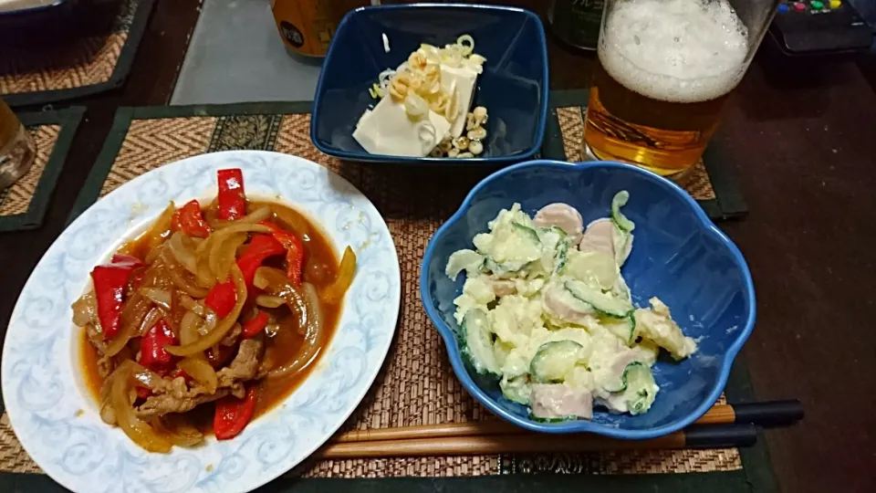 ポテトサラダ&冷奴&豚肉と野菜の炒め|まぐろさん