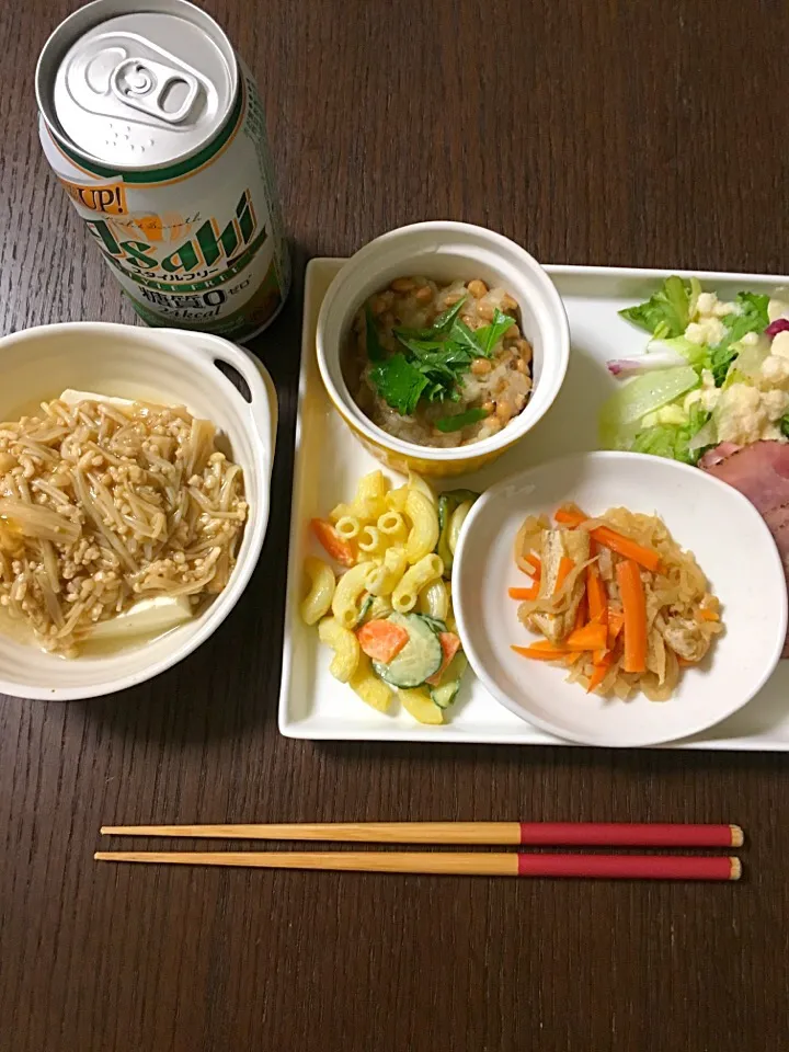 9月26日夕飯 豆腐のひき肉あんかけ 納豆おろし ハムサラダ マカロニサラダ 切り干し大根|やすこさん