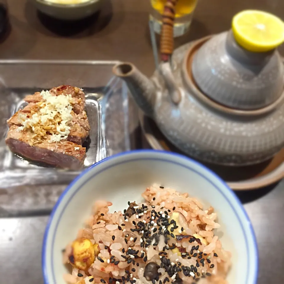 山わさびステーキと松茸の土瓶蒸しと栗とむかごご飯|みつなち☆さん