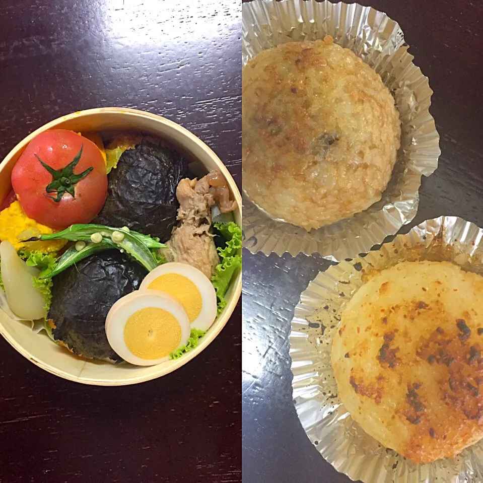 味噌と醤油の焼きおにぎり弁当 合法ハーブshisoを乗せて|Erikoさん