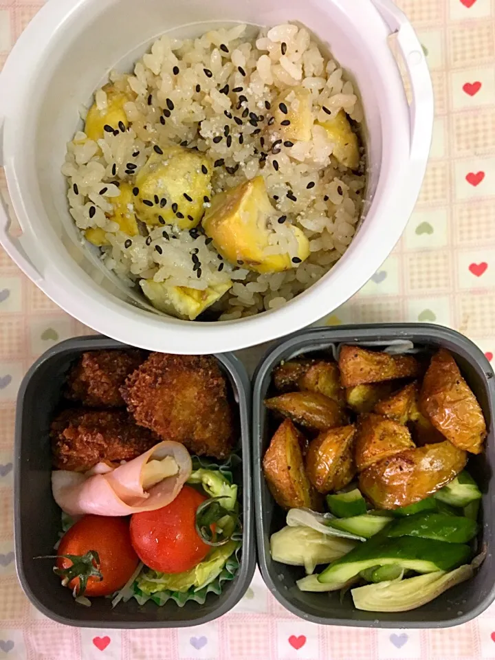 9月28日息子弁当
栗ご飯
サーモンマヨフライ
フライドポテト  どちらも揚げ過ぎてしまいました😩
サラダ  きゅうりと茗荷の浅漬け|オリーブさん