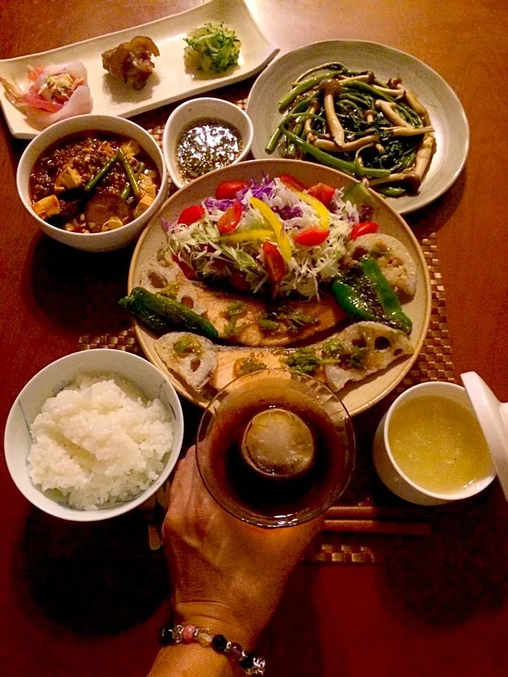 Today's Chinese Dinner🍴前菜･炒甕菜･麻婆豆腐&茄子･油淋鮭魚(三文魚)･粟米湯|🌈Ami🍻さん