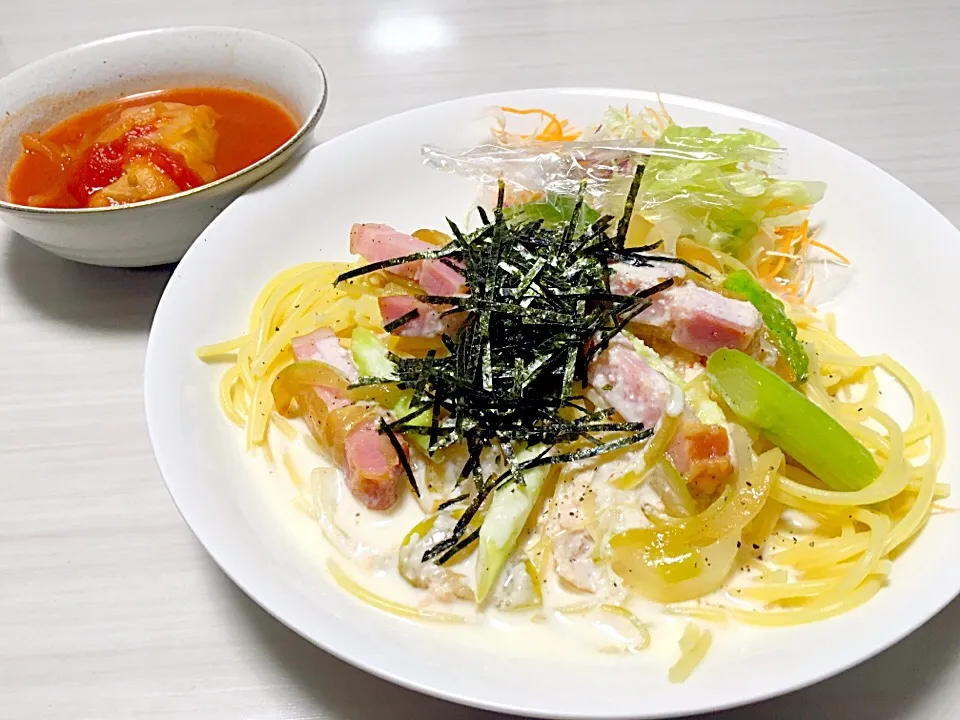 明太子クリームパスタ トマトロールキャベツ|mteさん