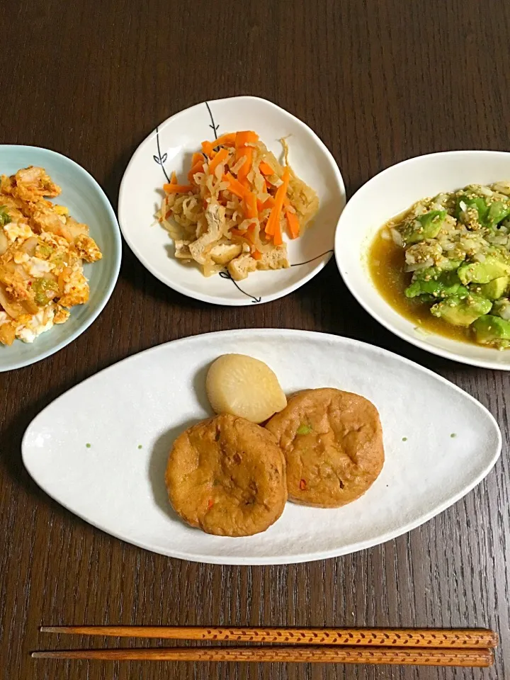 9月28日夕飯 がんもと大根の煮物 アボカドポン酢和え キムチ炒り卵 切り干し大根|やすこさん