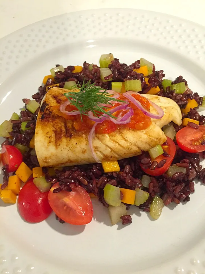 Pan fried white fish with black rice & Sambal Belanchan|Aunty Gさん