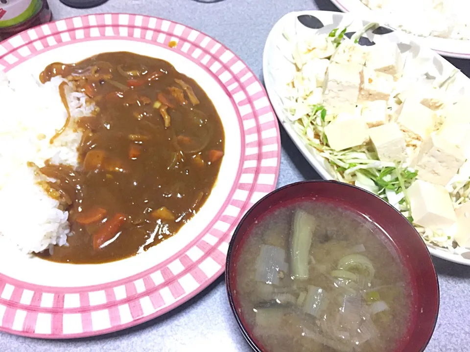 Snapdishの料理写真:中華風豆腐サラダ(マヨごま油ポン酢)、茄子ネギ味噌汁、生姜入りフライパンカレー|ms903さん