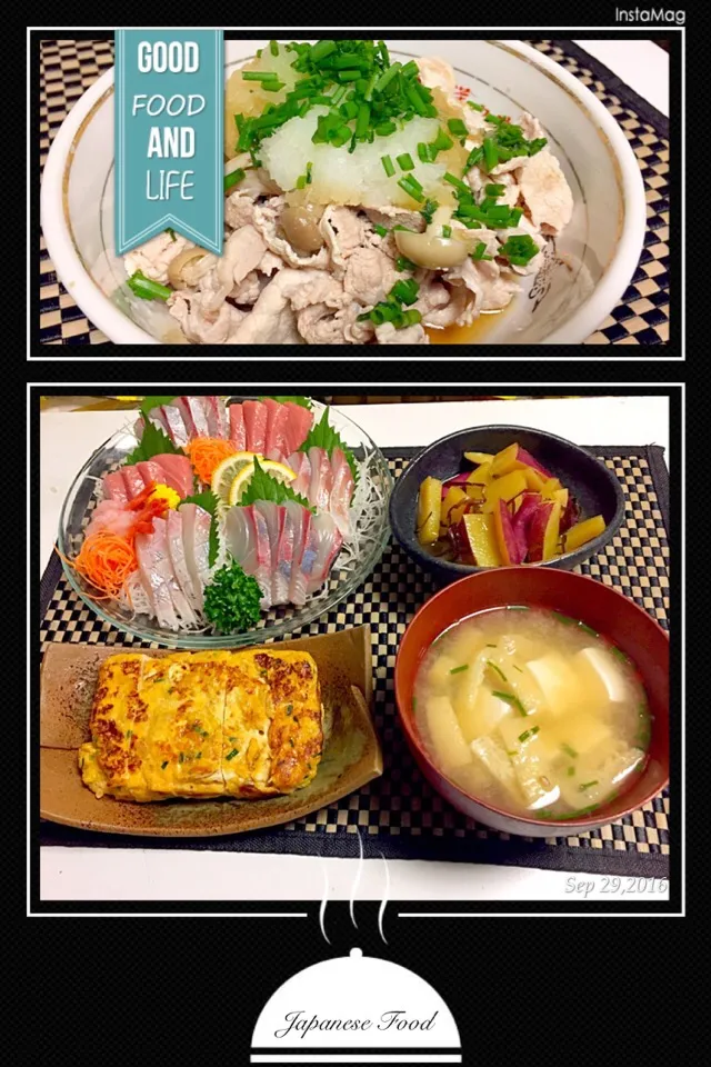 Snapdishの料理写真:豚肉のみぞれ和え  お味噌汁  蟹入りだし巻  塩昆布と鳴門金時のバター煮  お造り|石川洋子さん