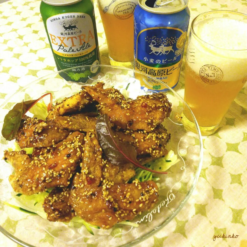 Snapdishの料理写真:ピリ辛鶏手羽揚げ♡ 
with 銀河高原ビール|U-YUKIさん