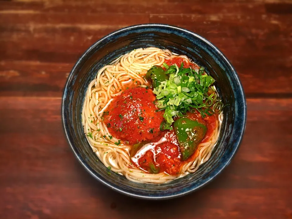 チキンバーグのトマトソース煮込温めん1|半田手延べそうめんの店 阿波や壱兆さん