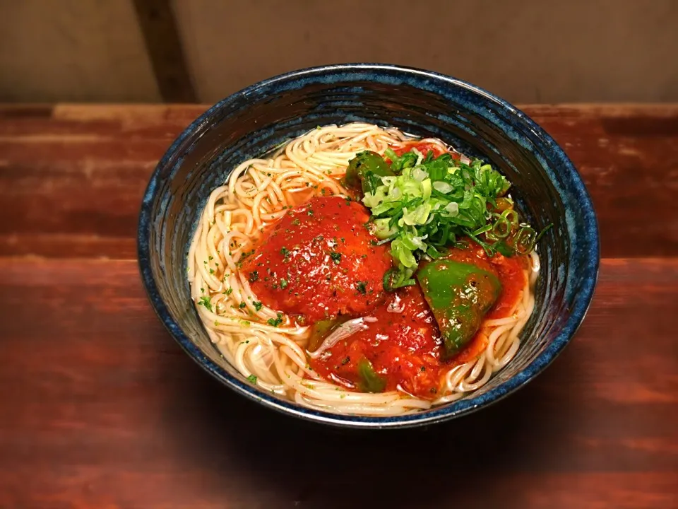 チキンバーグのトマトソース煮込温めん2|半田手延べそうめんの店 阿波や壱兆さん