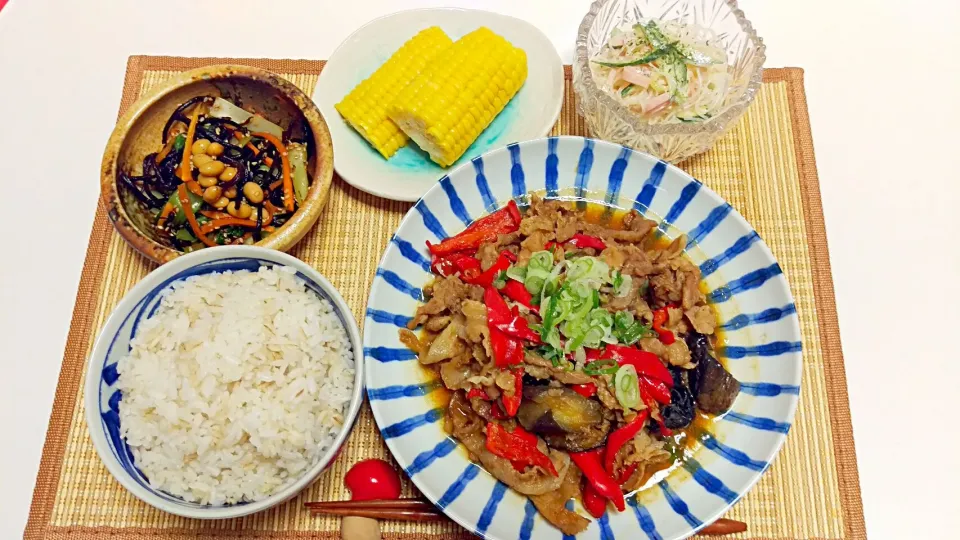 ☆豚と茄子の味噌炒め☆ひじきの胡麻和え☆春雨のマヨサラダ|わかなさん