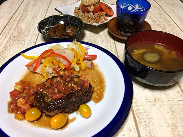 Snapdishの料理写真:今日の男飯(⌒-⌒; )ハンバーグwith特製トマトドレッシング♫andゴーヤとナスの味噌汁and生姜と椎茸の煮物♫|ひーちゃんさん