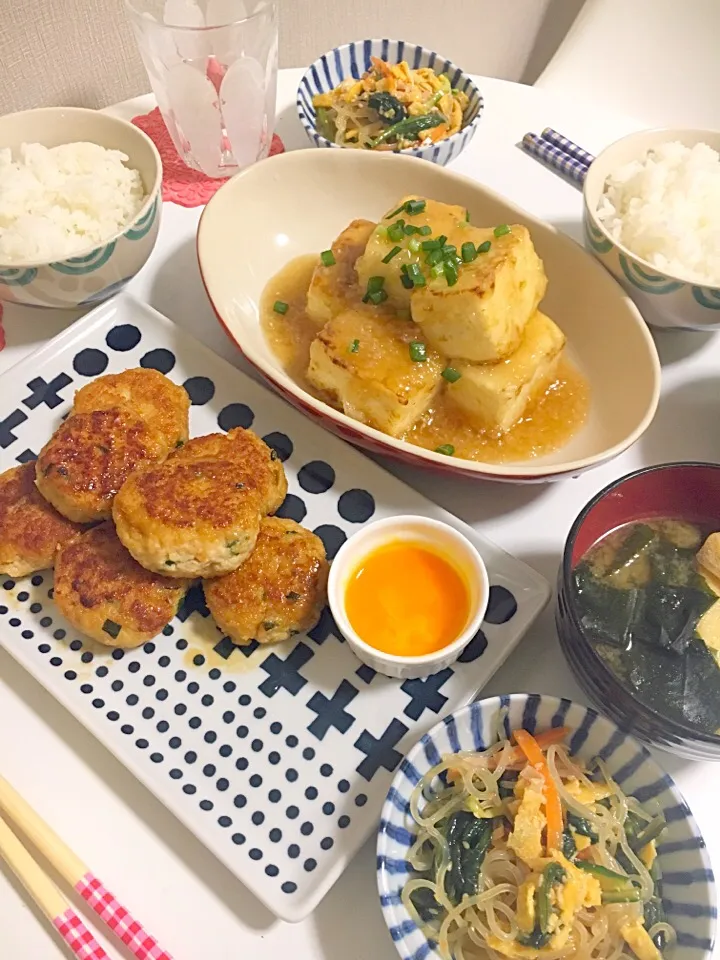 つくね・揚げ出し豆腐・春雨サラダ・お味噌汁|ちいこさん