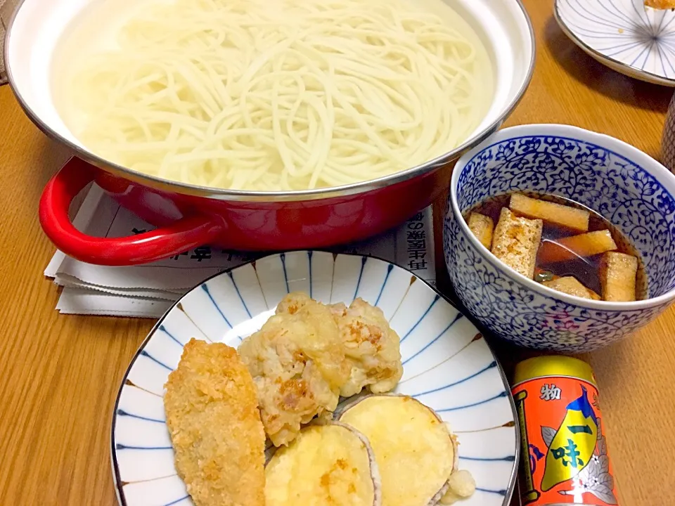 釜揚げうどん 
さつまいもの天ぷらととり天|モエママさん