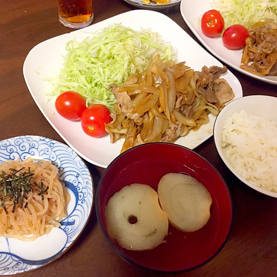 Snapdishの料理写真:豚の生姜焼きと糸こん明太子♪|かおちゃんさん