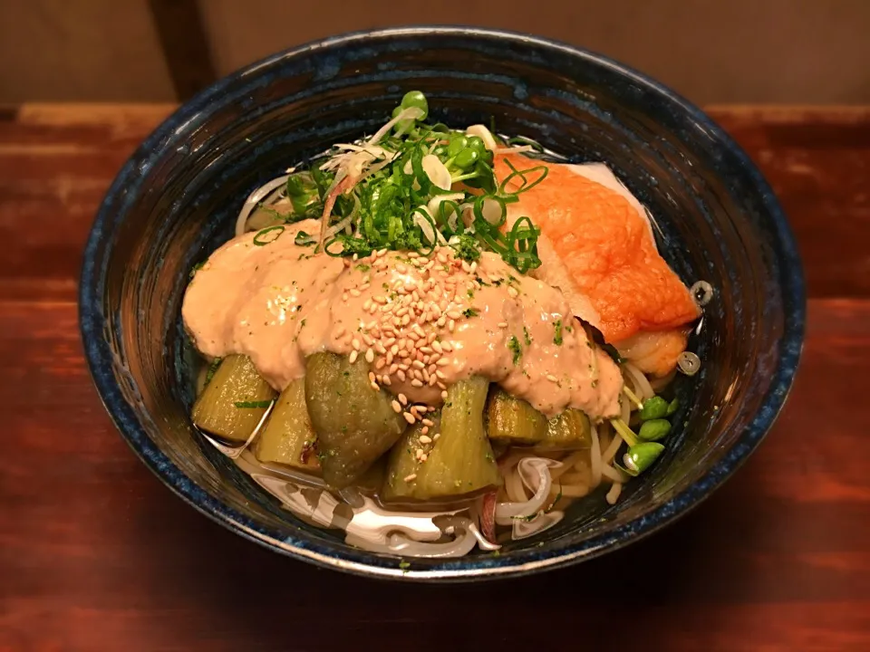 Snapdishの料理写真:焼き茄子と天ぷらの胡麻味噌とろろそうめん2|半田手延べそうめんの店 阿波や壱兆さん