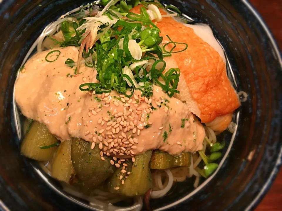 Snapdishの料理写真:焼き茄子と天ぷらの胡麻味噌とろろそうめん4|半田手延べそうめんの店 阿波や壱兆さん