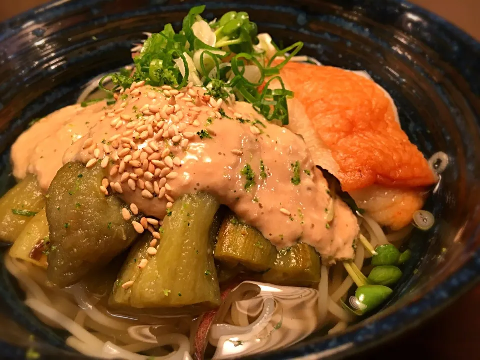 Snapdishの料理写真:焼き茄子と天ぷらの胡麻味噌とろろそうめん6|半田手延べそうめんの店 阿波や壱兆さん