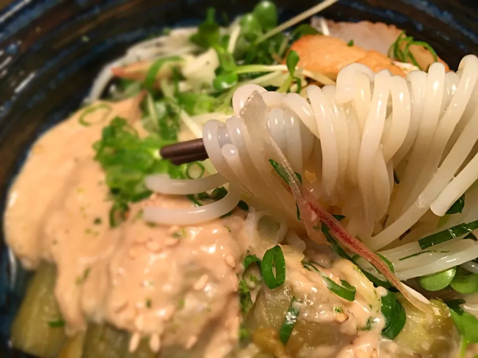 Snapdishの料理写真:焼き茄子と天ぷらの胡麻味噌とろろそうめん7|半田手延べそうめんの店 阿波や壱兆さん