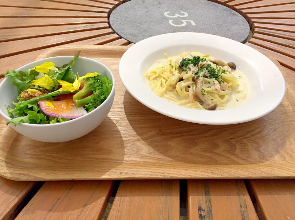 キノコと鮭のクリームタリアッタレとサラダ|アンズさん