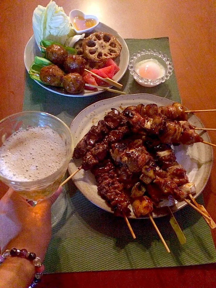 Yakitori🍻焼鳥(お野菜たっぷりつくね･皮･鴨皮･鴨ﾈｷﾞ･ﾚﾊﾞｰ･特大ねぎま)|🌈Ami🍻さん