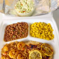 Today's Catered Dinner Plates- Lemon Pepper Tilapia, Shrimp Jambalaya, Baked Beans, Fried Corn, Coleslaw|Danitaさん