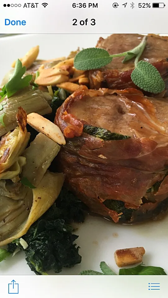 Pork Tenderloin wrapped in Prosciutto and Sage with Artichokes, Kale, Almonds and Chianti Sauce|Christine pavelkaさん