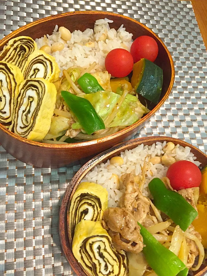 ふたり弁当

大豆入りごはん
肉野菜炒め
かぼちゃの煮物
海苔巻き卵焼き
ミニトマト|ひななぎさん