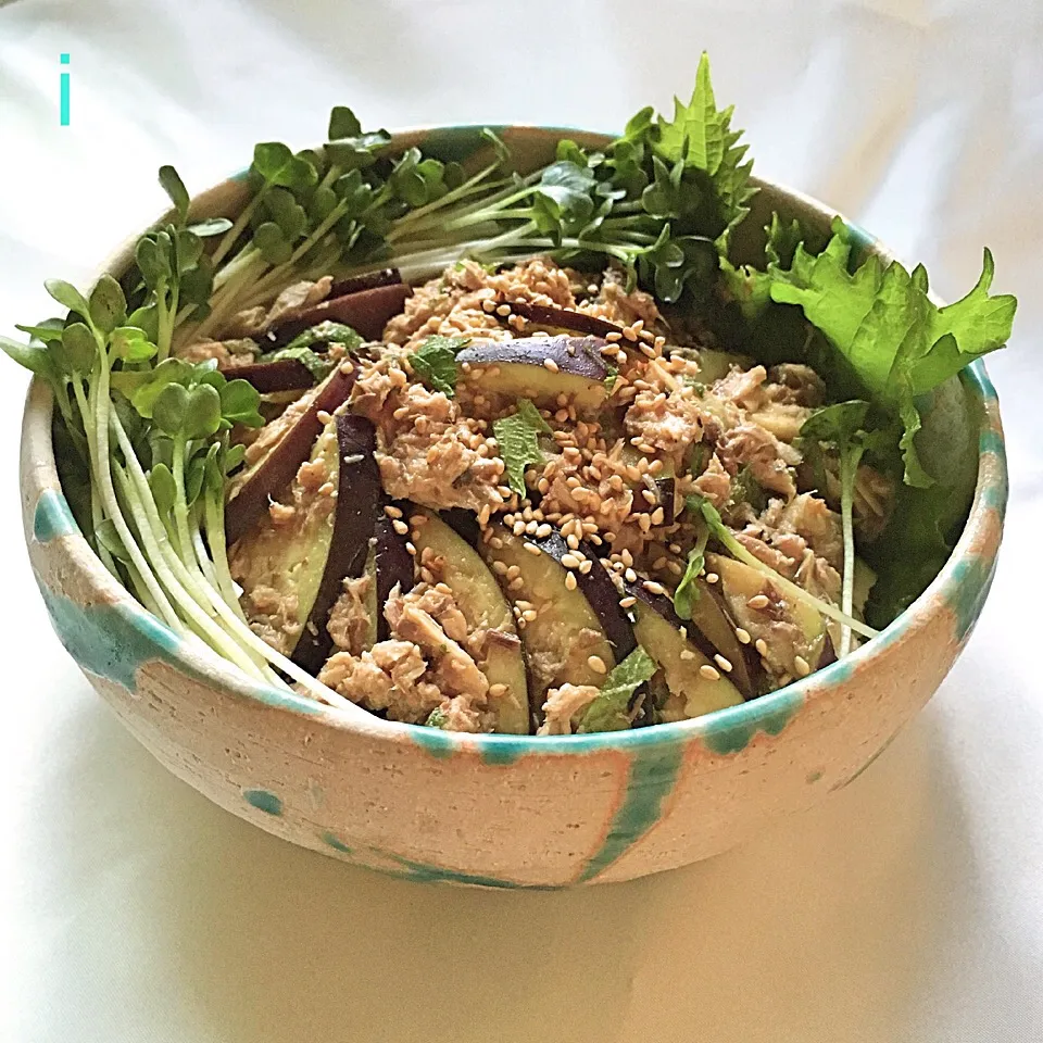 Snapdishの料理写真:じゅんけさんの料理 鯖缶とナスのグルメ醤油わさびマヨ和え 【Canned mackerel and eggplant tossed w/ gourmet soy sauce, wasabi and mayonnaise】|izoomさん