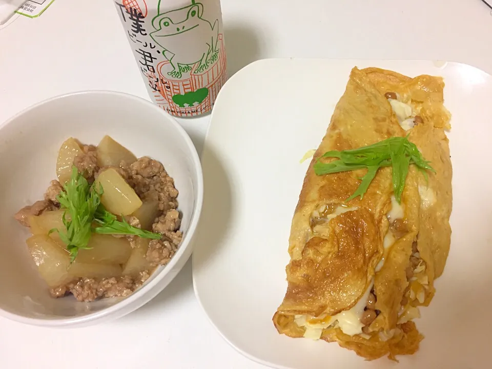 大根とひき肉の煮物と、納豆とチーズとキャベツのオムレツ！(的なもの笑)|KKOさん