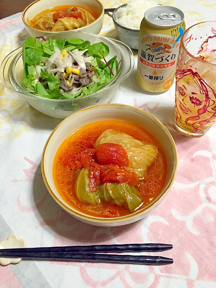 Snapdishの料理写真:新メニュー✨砂ずりのサラダと、ロールキャベツ久しぶり♡ﾅｲｽ！d(ﾟεﾟd)|さくたえさん