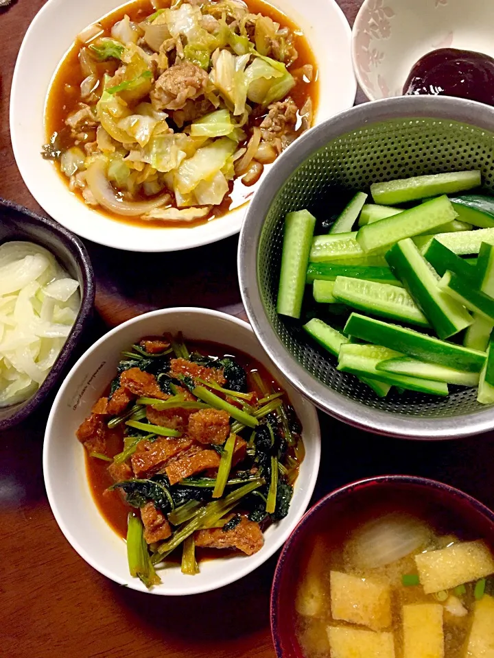 Snapdishの料理写真:野菜炒め(オイスターソース) 小松菜と揚げの味噌煮浸し 玉葱の塩麹漬け もろきゅう 味噌汁|掛谷節子さん