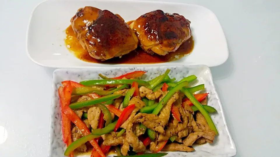 Teriyaki chicken thigh & sesame oil stir fry  sliced pork with peppers 😉😍😘|🌷lynnlicious🌷さん