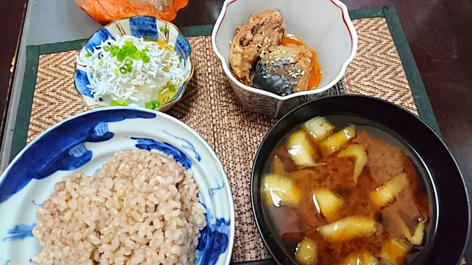 しらすおろし&サバ缶&ずいきの味噌汁|まぐろさん