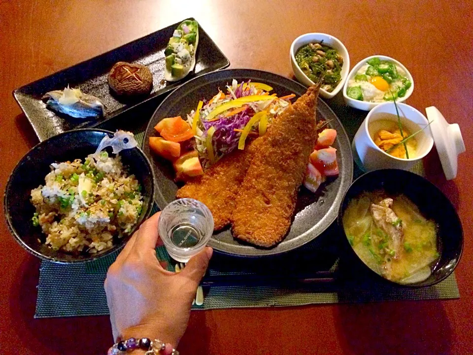 Today's Dinner🍴前菜･雲丹茶碗蒸し･秋刀魚ﾌﾗｲ<お惣菜>･めかぶ納豆･ｵｸﾗ大和芋･五目鯛飯･鯛あらのお味噌汁|🌈Ami🍻さん