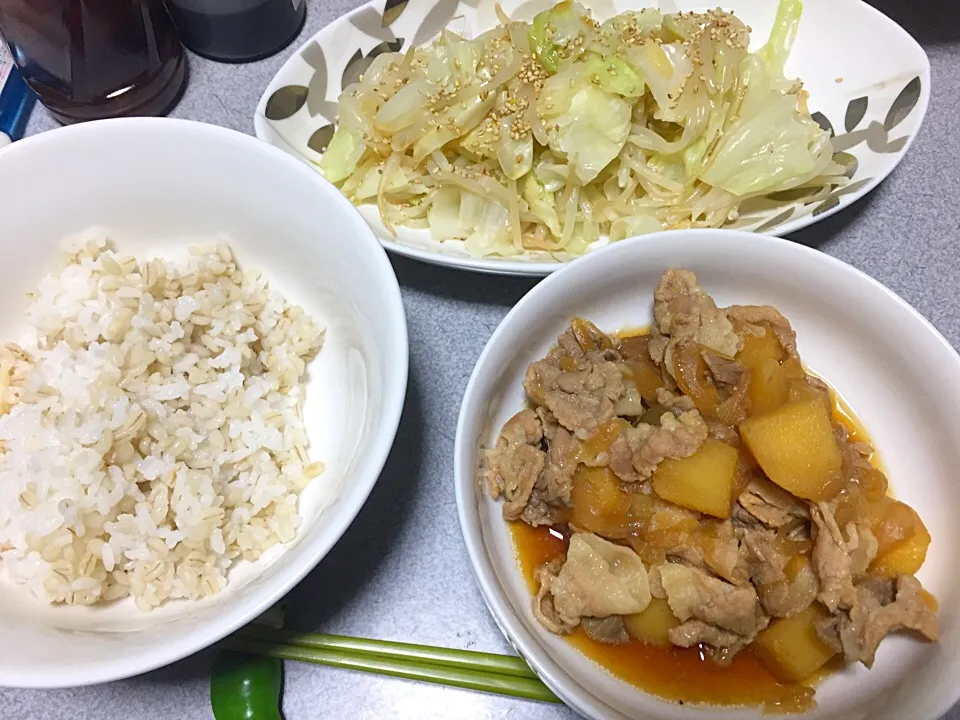 もち麦飯、肉じゃが、もやしキャベツ|ms903さん