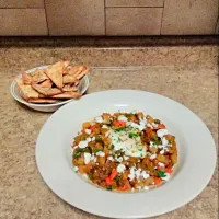 Potato and Tinkerbell Pepper Shakshuka with Pea Shoots and Za'atar Spiced Pita Chips. From Blue Apron.|bethさん