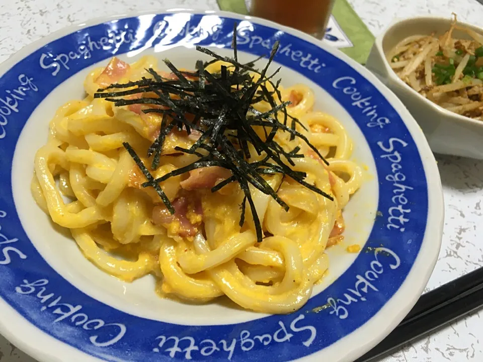 明太カルボナーラうどんとモヤシの炒め物|ばんびさん