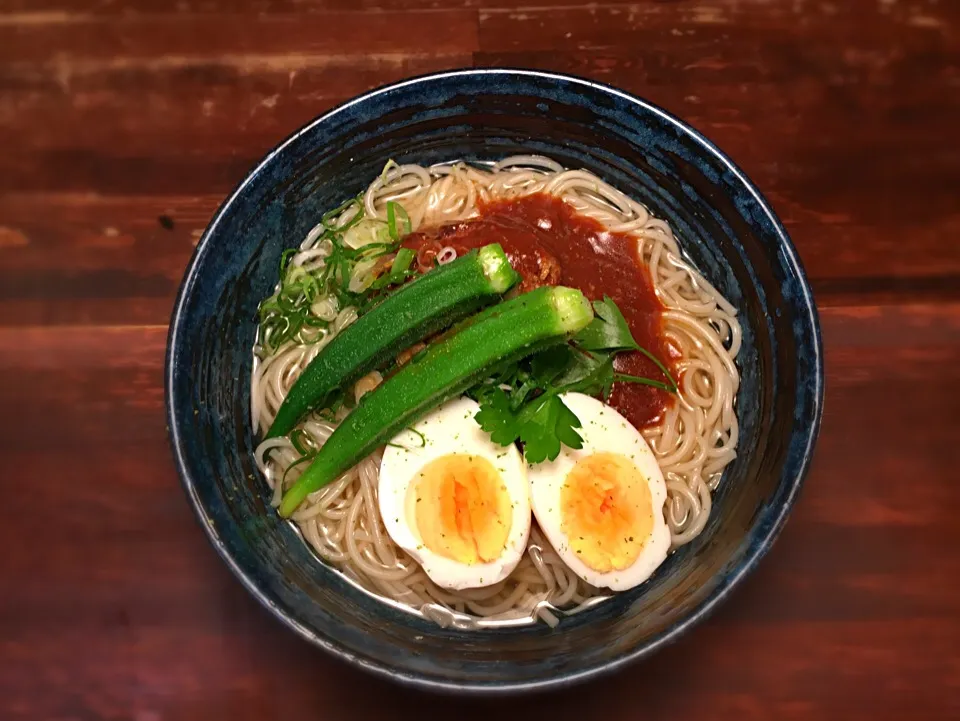 Snapdishの料理写真:赤味噌ハンバーグ温めん ゆで卵添え1|半田手延べそうめんの店 阿波や壱兆さん