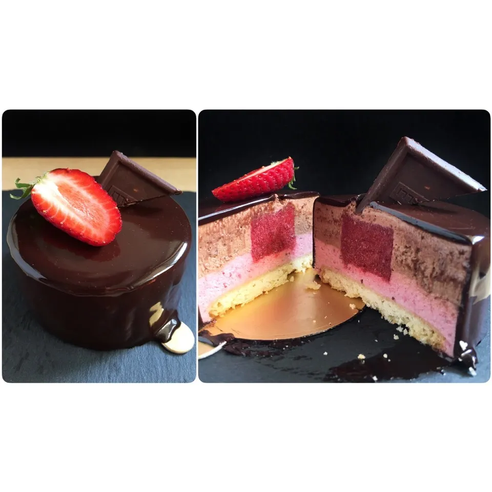 Entremet of pate sucree base, strawberry mousse, chocolate mousse, chocolate mirror glaze, decorated with 🍓 and sea salt chocolate|coxiella24さん