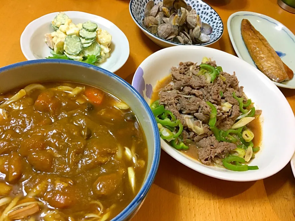 カレーうどんと鯖のみりん干し|kimikimiさん