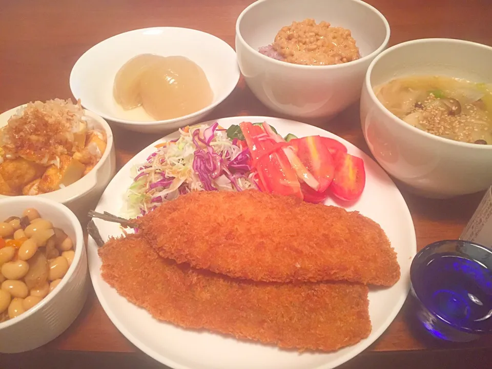 Snapdishの料理写真:さんまフライ＊納豆雑穀ご飯＊野菜たっぷり味噌汁＊厚揚げ＊京都の玉ねぎ漬物おたまはん(^^)|basilさん