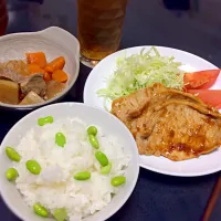 枝豆(散らしただけ)ご飯と生姜焼き、大根煮物|いちなさん