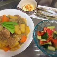 Snapdishの料理写真:鶏じゃが、シシャモ焼き、胡瓜とトマトの和風おろしドレ和え|のぞみさん